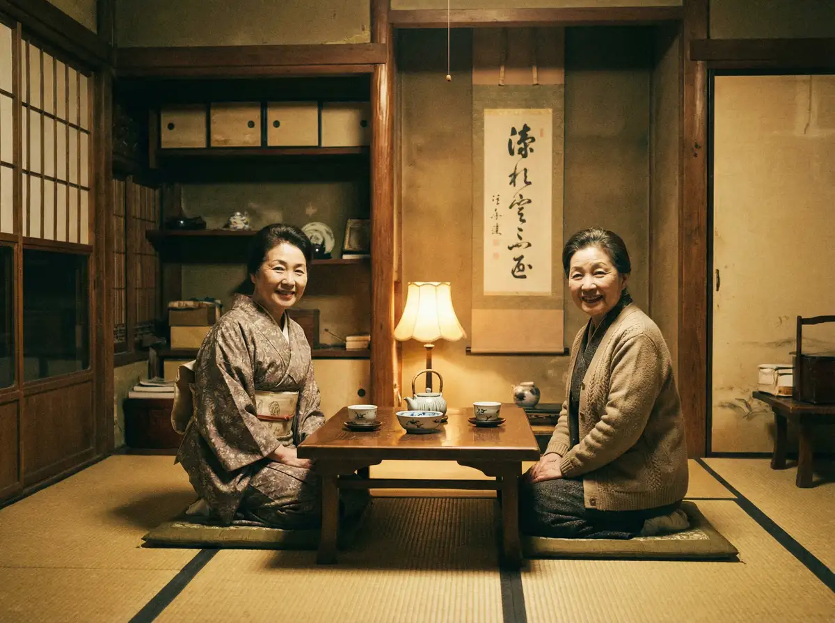 两位优雅的 剑与远征终局之夜 在日式茶室中品茶交谈
